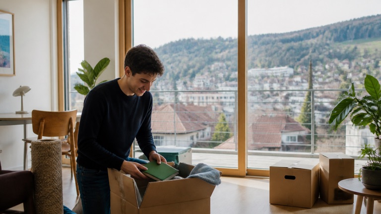 Person richtet sich in einem hellen moeblierten Zimmer in einer Schweizer Wohnung ein