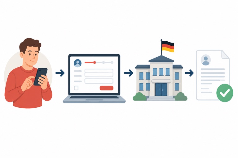 Ablauf der Arbeitslosmeldung: per Smartphone starten, online den Antrag ausfüllen, zur zuständigen Behörde, Bescheid erhalten