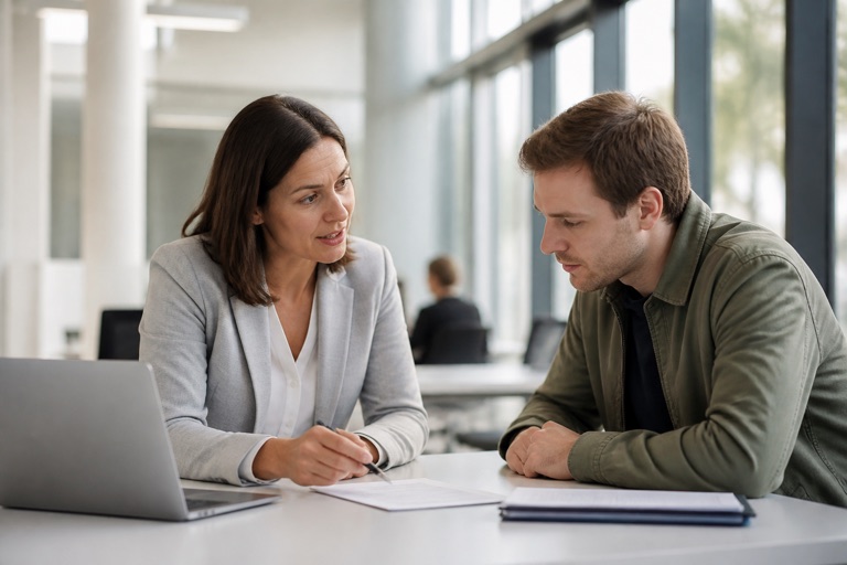 Beraterin der Agentur für Arbeit im Gespräch mit einem Ratsuchenden