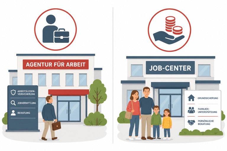 Vergleich Agentur für Arbeit und Jobcenter: links Agentur für Arbeit mit Arbeitslosenversicherung, Jobvermittlung und Beratung, rechts Jobcenter mit Grundsicherung, Familienunterstützung und persönlicher Beratung