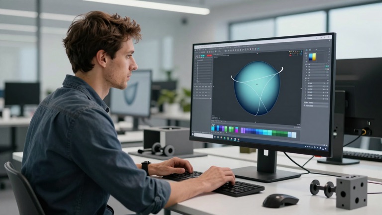 Technischer Produktdesigner arbeitet an einem 3D-CAD-Modell am Monitor