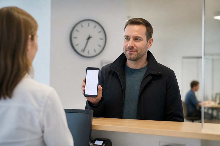 Person mit Kalender auf dem Smartphone am Empfangstresen einer Behörde